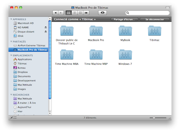 Connecté avec les identifiants admin, le Finder du MacBook Air affiche tous les volumes du Macbook Pro.